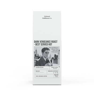 Coffee package with a character illustration and text on a white background