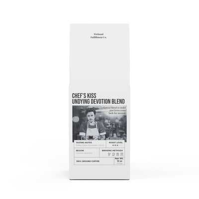 Coffee package labeled 'Chef's Kiss Undying Devotion Blend' on a white background