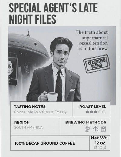 Coffee label with a man holding a coffee cup, UFO, and text about supernatural sexual tension.