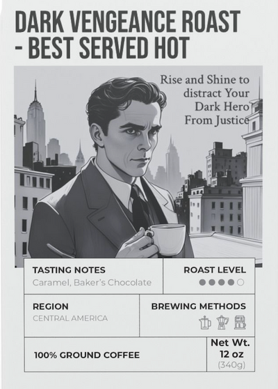 Coffee packaging with a stylized illustration of a man holding a coffee cup, set against a cityscape background.